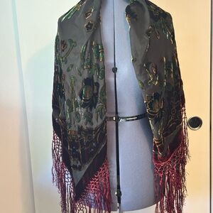 Floral Velvet Fringe Shawl in Black and Burgundy